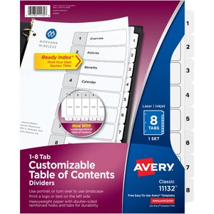 1-8 White Tab Ready Index Customizable Table of Contents Black & White Divider