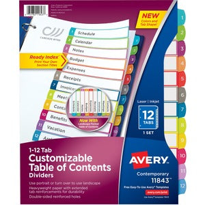 1-12 Tab Ready Index Customizable Table of Contents Multicolour