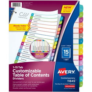 1-15 Tabs Ready Index Customizable Table of Contents Multicolour