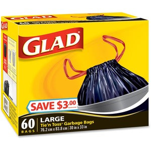 30"x33" Glad Black Tie'n Toss Garbage Bags 60Pack