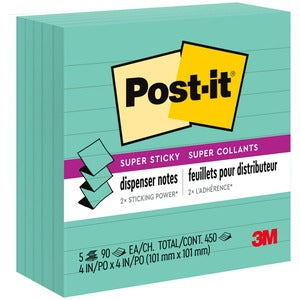 4"x4" Aqua Super Sticky Pop-Up Lined Notes