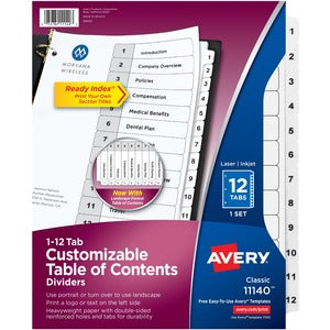 12 White Tabs Ready Index Customizable Table of Contents Black & White Divider