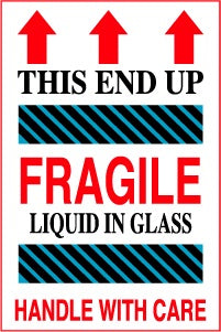THIS END UP FRAGILE LIQUID IN GLASS HANDLE WITH CARE 4”x6”